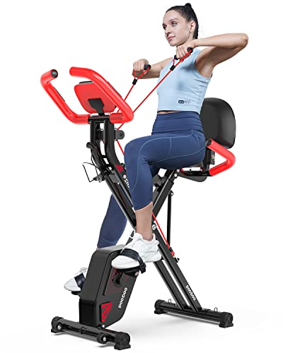 pooboo Folding Exercise Bike, Foldable Fitness Stationary Bike Machine, Upright Indoor Cycling Bike, Magnetic X-Bike with 8-Level Adjustable Resistance, Bottle Holder & Back Support Cushion for Home Gym Workout