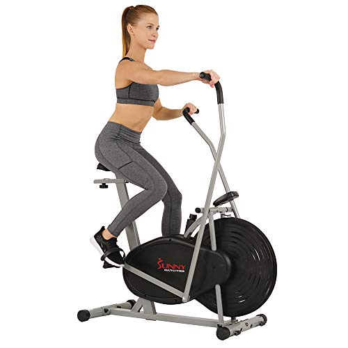 Sunny Health & Fitness Air Bike Fan Exercise Bike with Digital Monitor, Full Motion Arm Exercisers, and Adjustable Seat